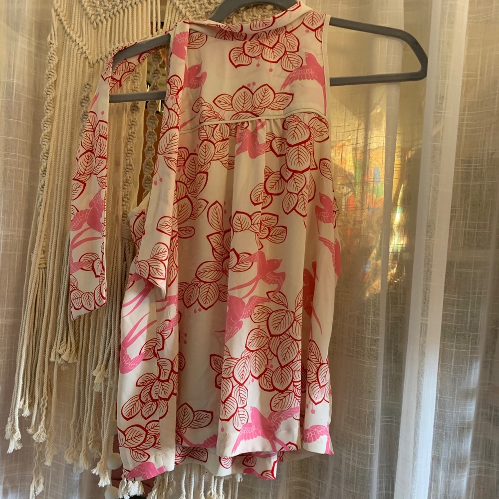 Maeve bird and leaves tank top with tie on neck